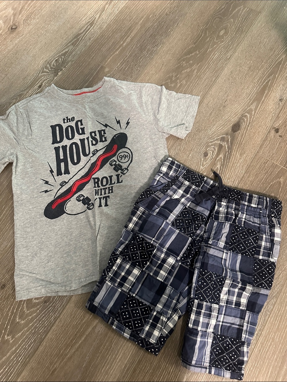Gymboree Boys Gray Tee & Navy Plaid Shorts Matching Set